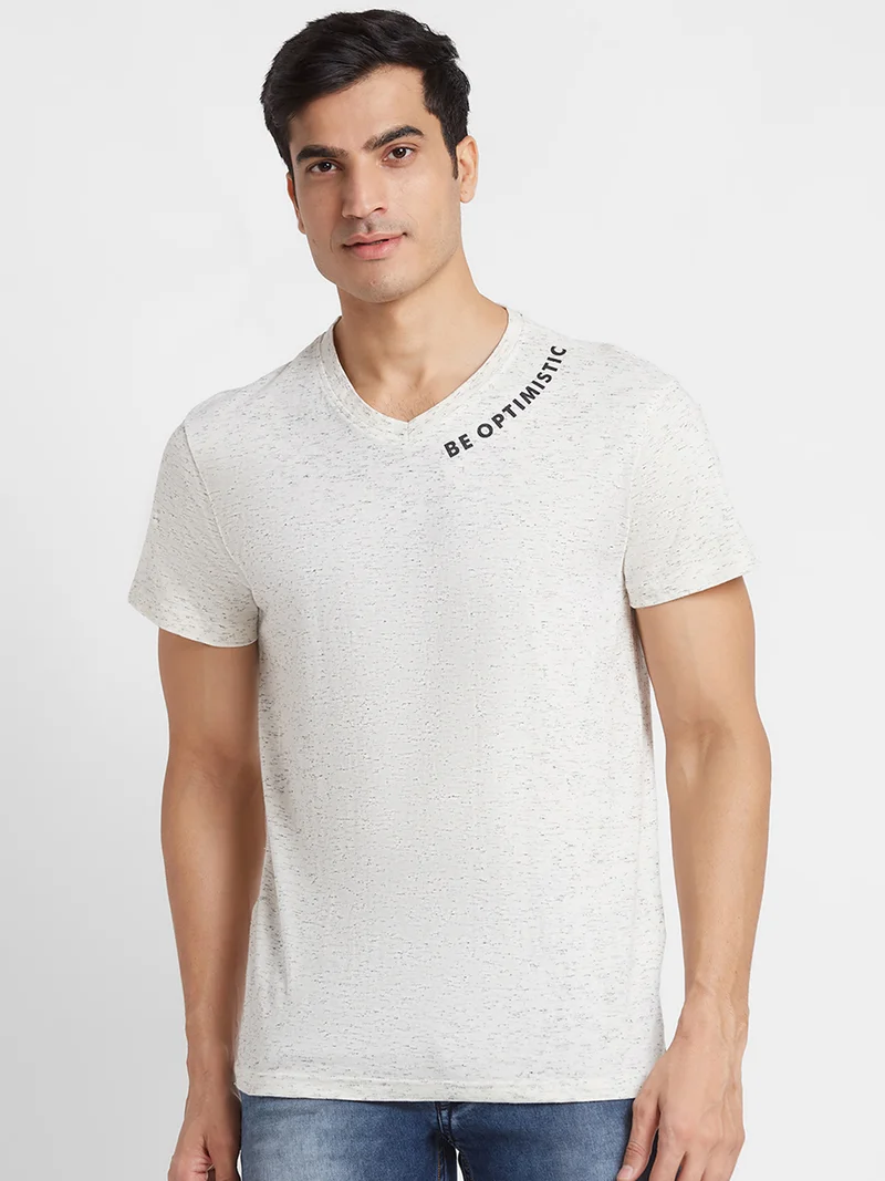 globus Globus Men Off White Printed V-Neck Cotton Regular Fit Casual T-shirt